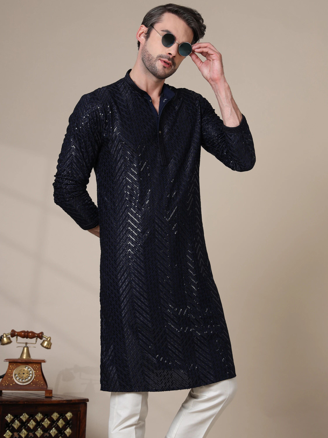 Image of ADHIRAJAN Men Embellished Straight Kurta