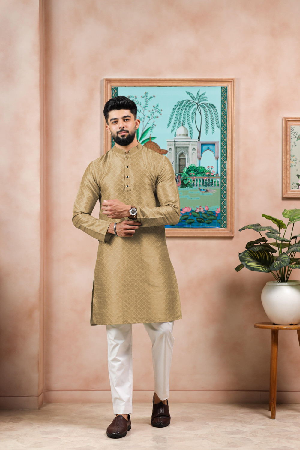 Image of Koshin Men Self Design Straight Kurta