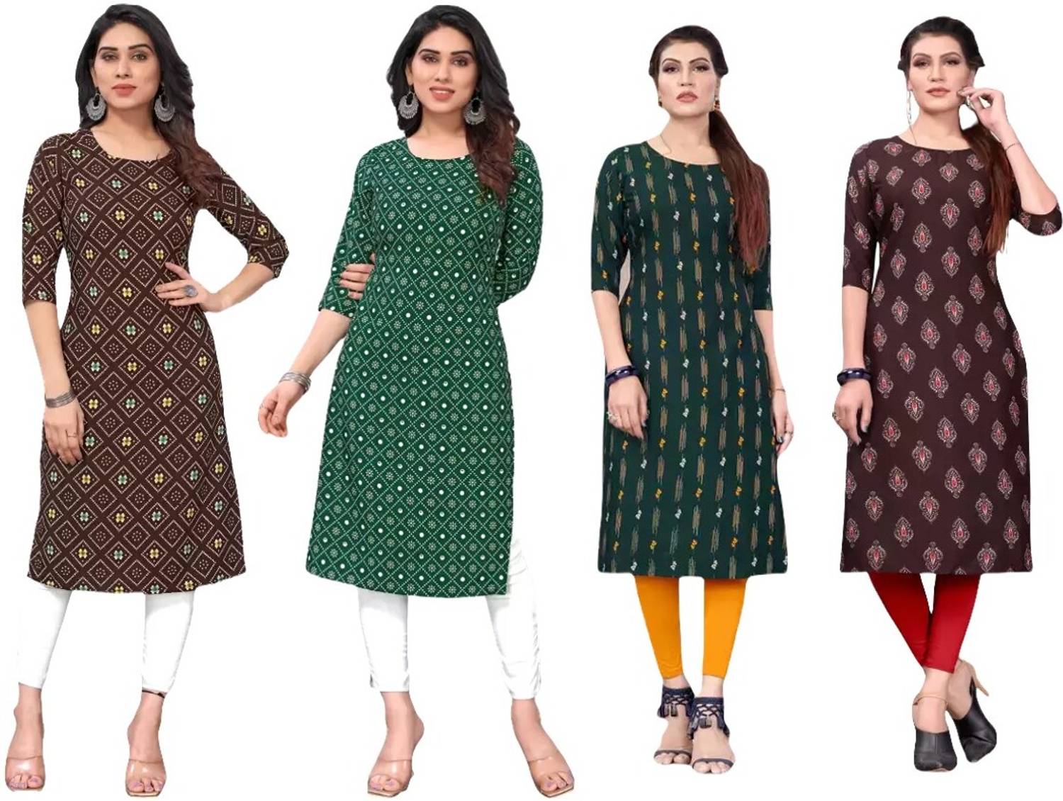 Hiral Pack of 4 Women Printed Crepe Straight Kurta (Brown)