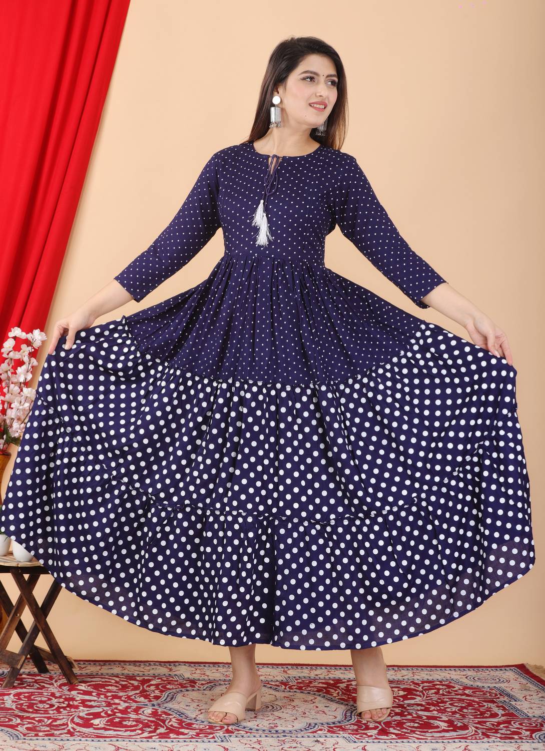 Most Women Printed Pure Cotton Flared Kurta (Blue)