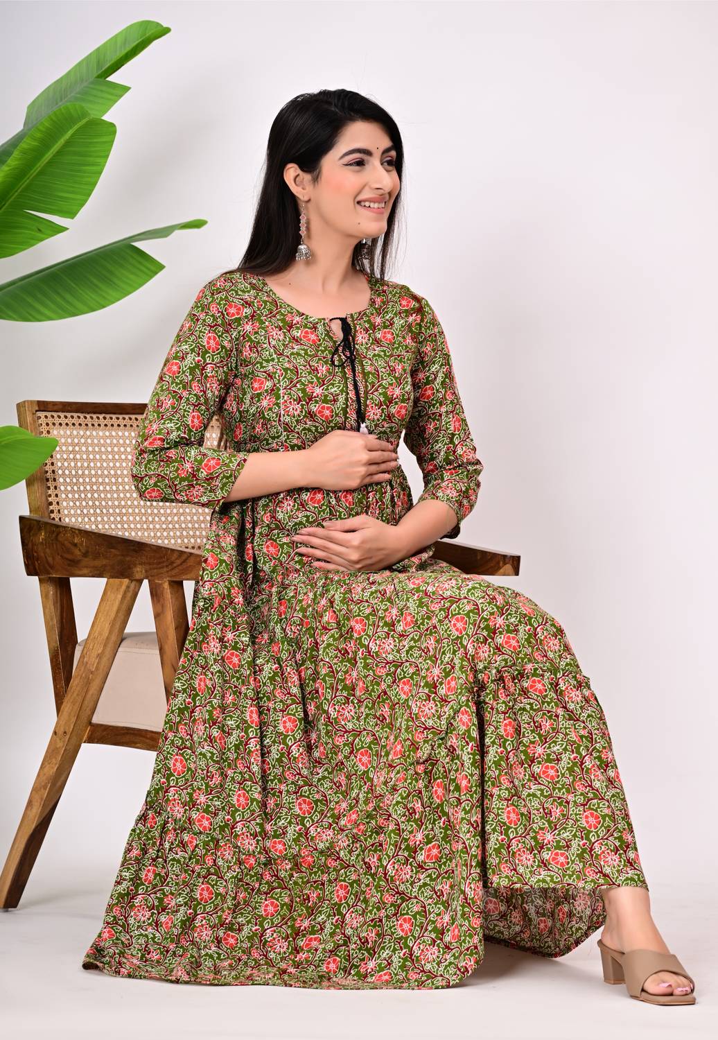 Most Women Printed Pure Cotton Flared Kurta (Green)
