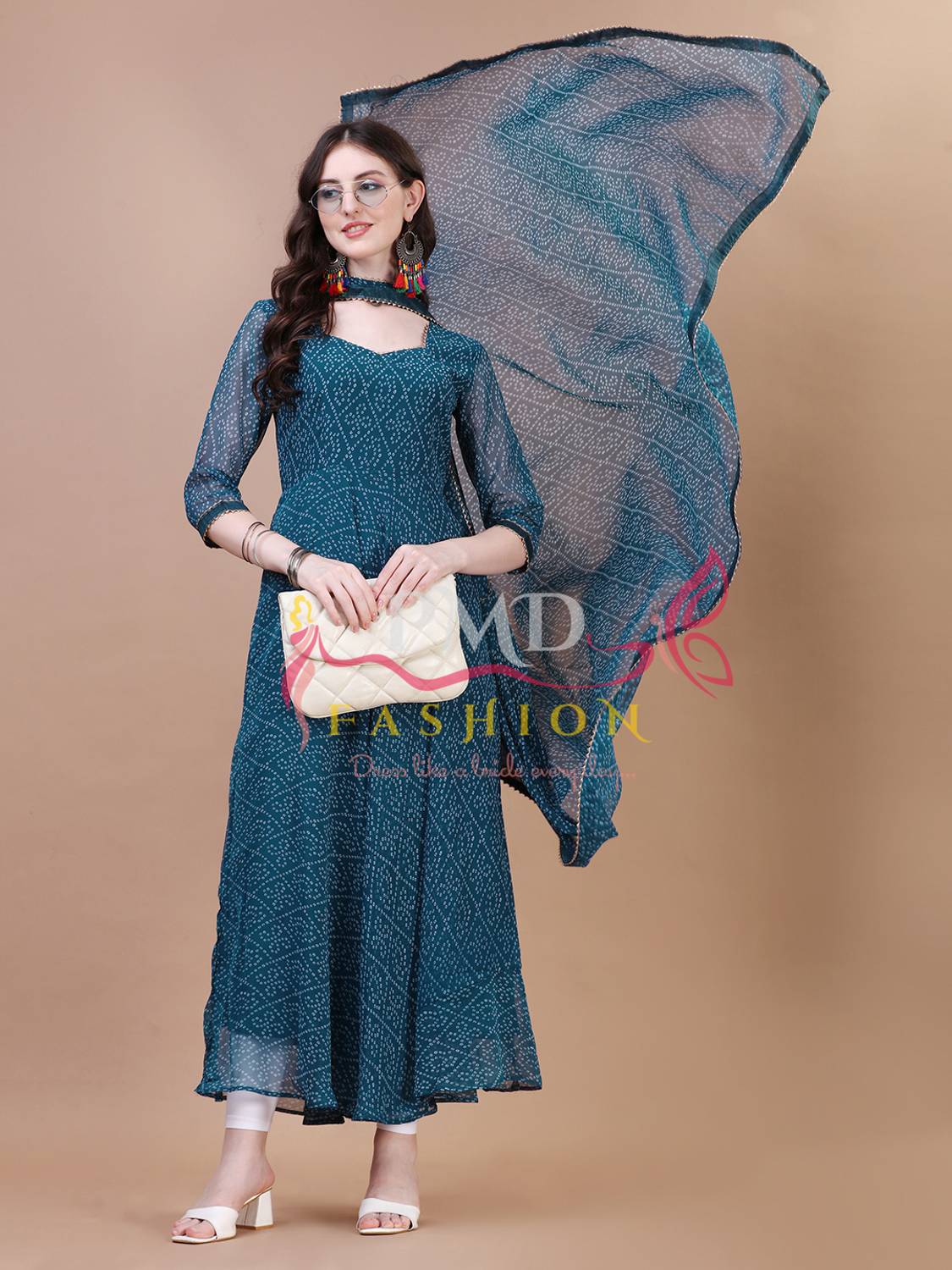 PMD Fashion Women Bandhani Georgette Anarkali Kurta With Attached