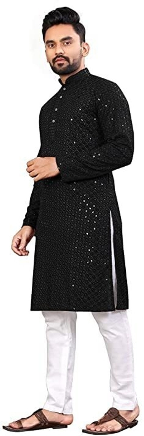 Image of StyleVault Men Chikan Embroidery Straight Kurta