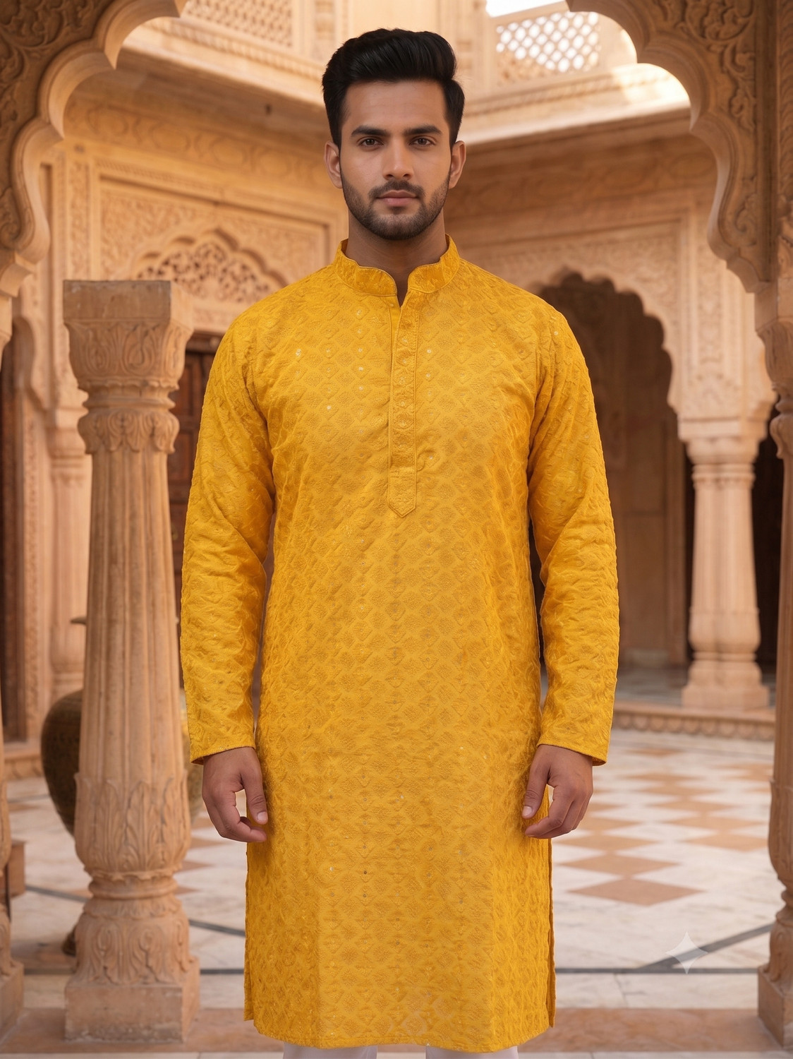 Image of ADHIRAJAN Embroidered Cotton Blend Straight Kurta for Men (Yellow)