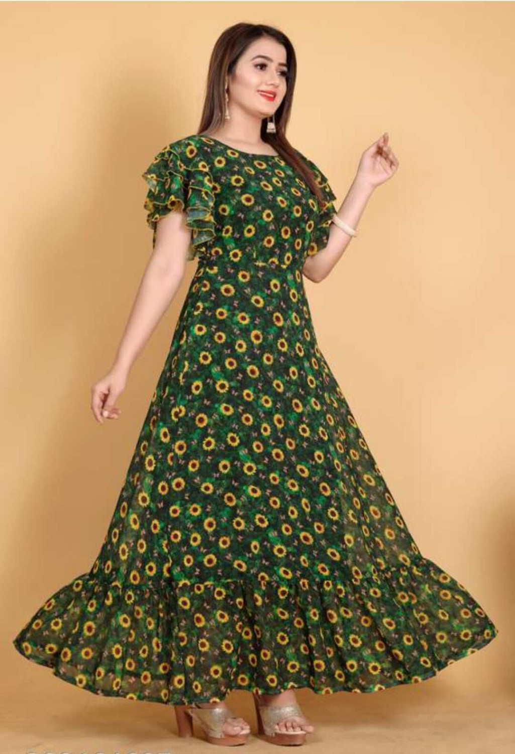 Image of Mahudi Printed Georgette Anarkali Kurta for Women (Green)