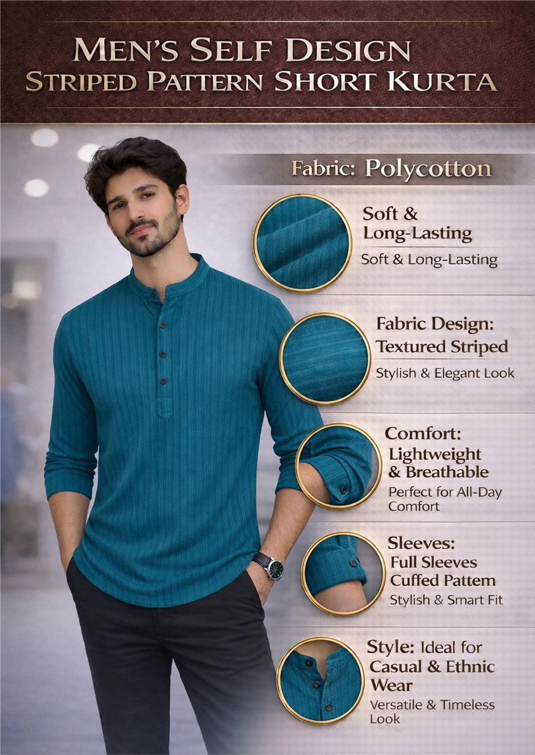 Image of STR CREATION Men Striped, Self Design Straight Kurta