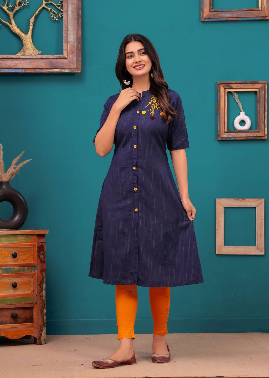 Dizon Women Embroidered Cotton Blend A-line Kurta (Blue)