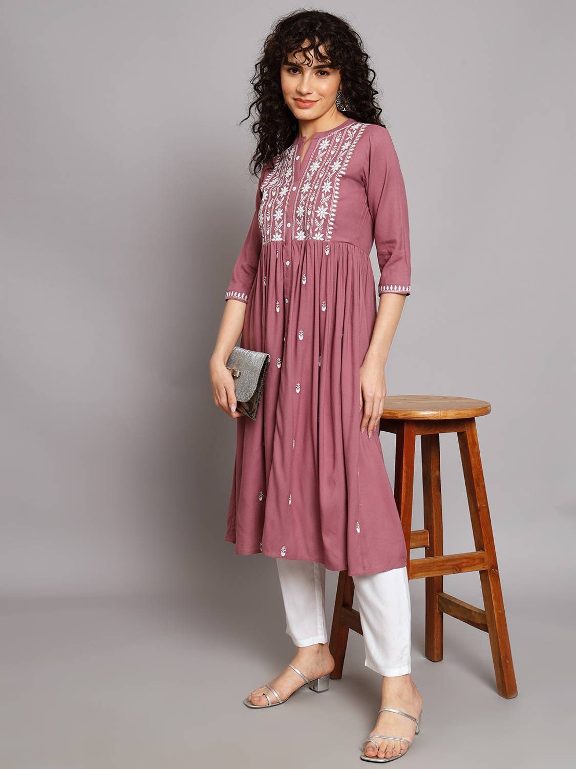 ANGITA Women Chikan Embroidery Cotton Rayon A-line Kurta (Pink)
