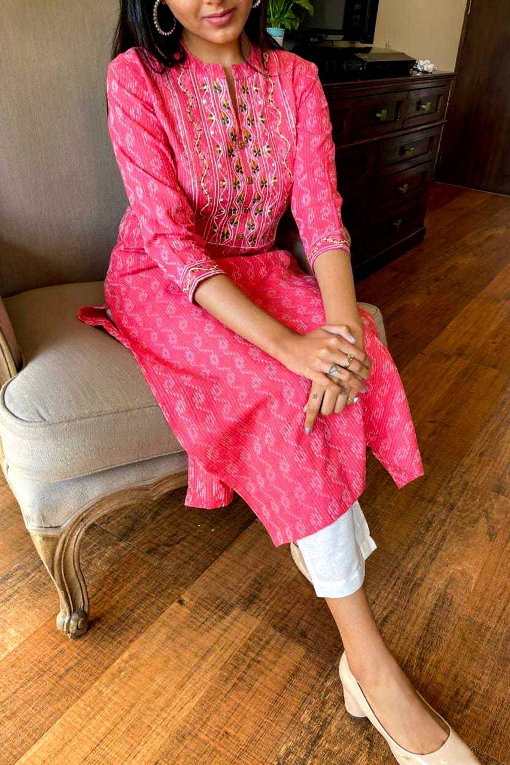 fabrictextile Women Printed Pure Cotton Straight Kurta (Pink)