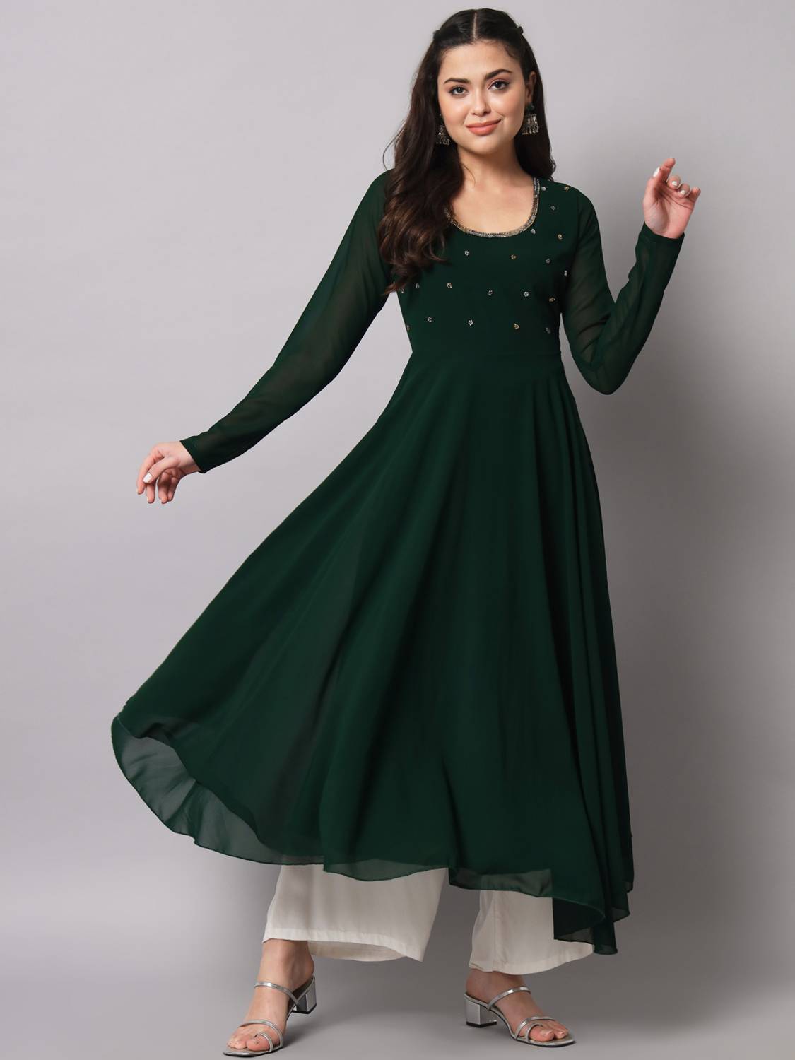 Poshak Hub Women Embroidered Georgette Anarkali Kurta (Green)