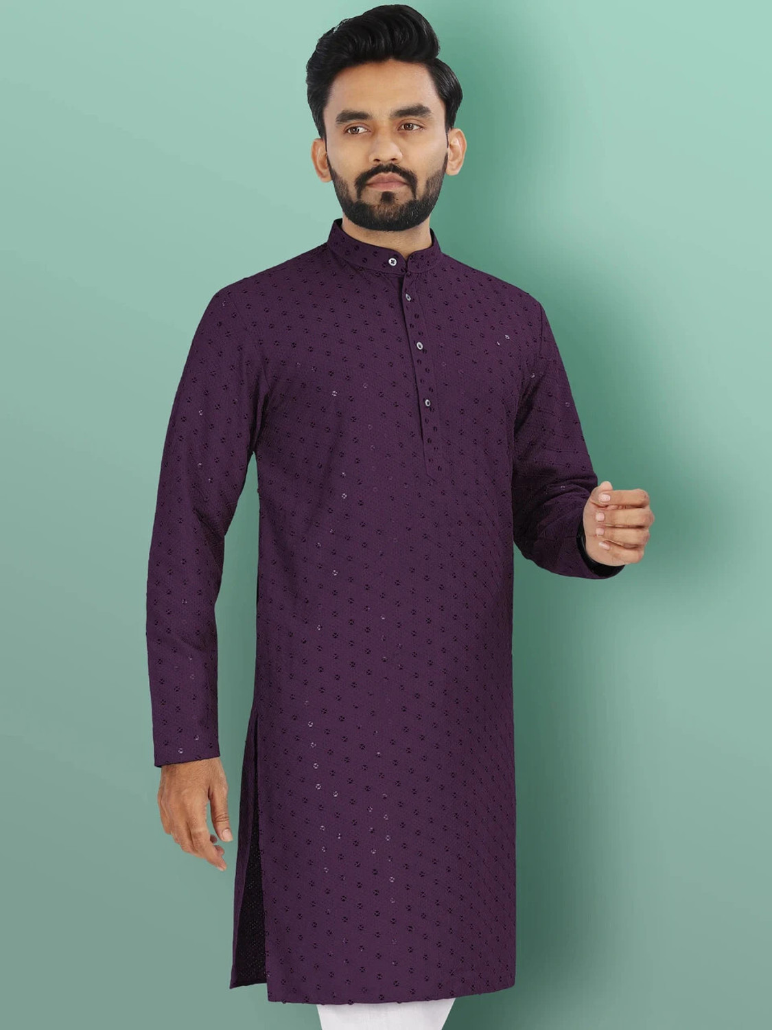 Image of ADHIRAJAN Men Chikan Embroidery Straight Kurta