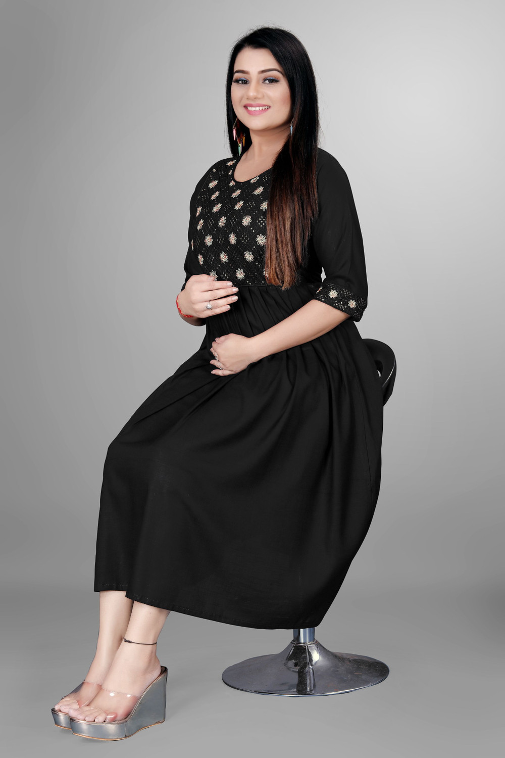 Image of sheladiya Women Fit and Flare Black Midi /Calf Length Dress