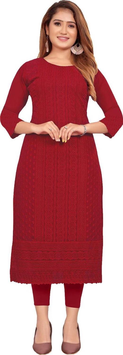 KAYRAAH Women Chikan Embroidery Georgette Straight Kurta (Red)