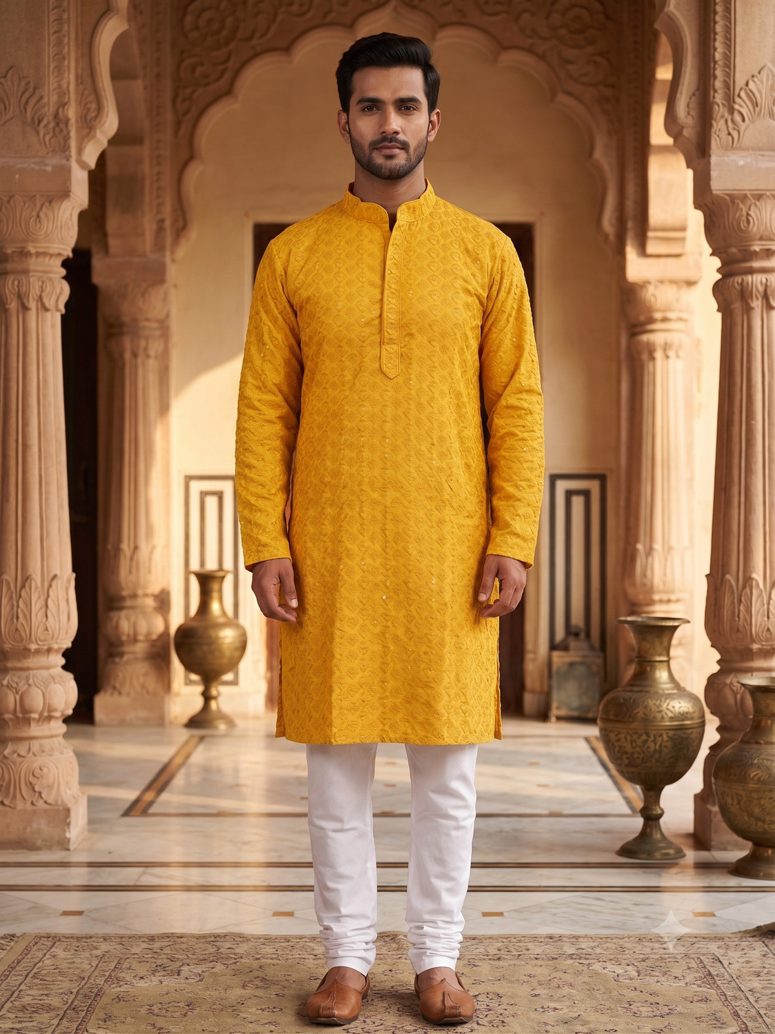 Image of ADHIRAJAN Embroidered Cotton Blend Straight Kurta for Men (Yellow)