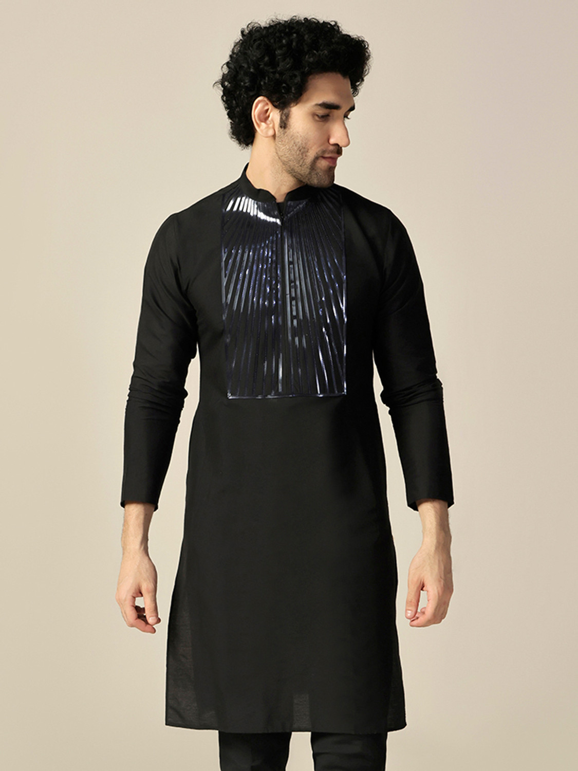 Image of Kisah Embellished Cotton Blend Straight Kurta for Men (Black)