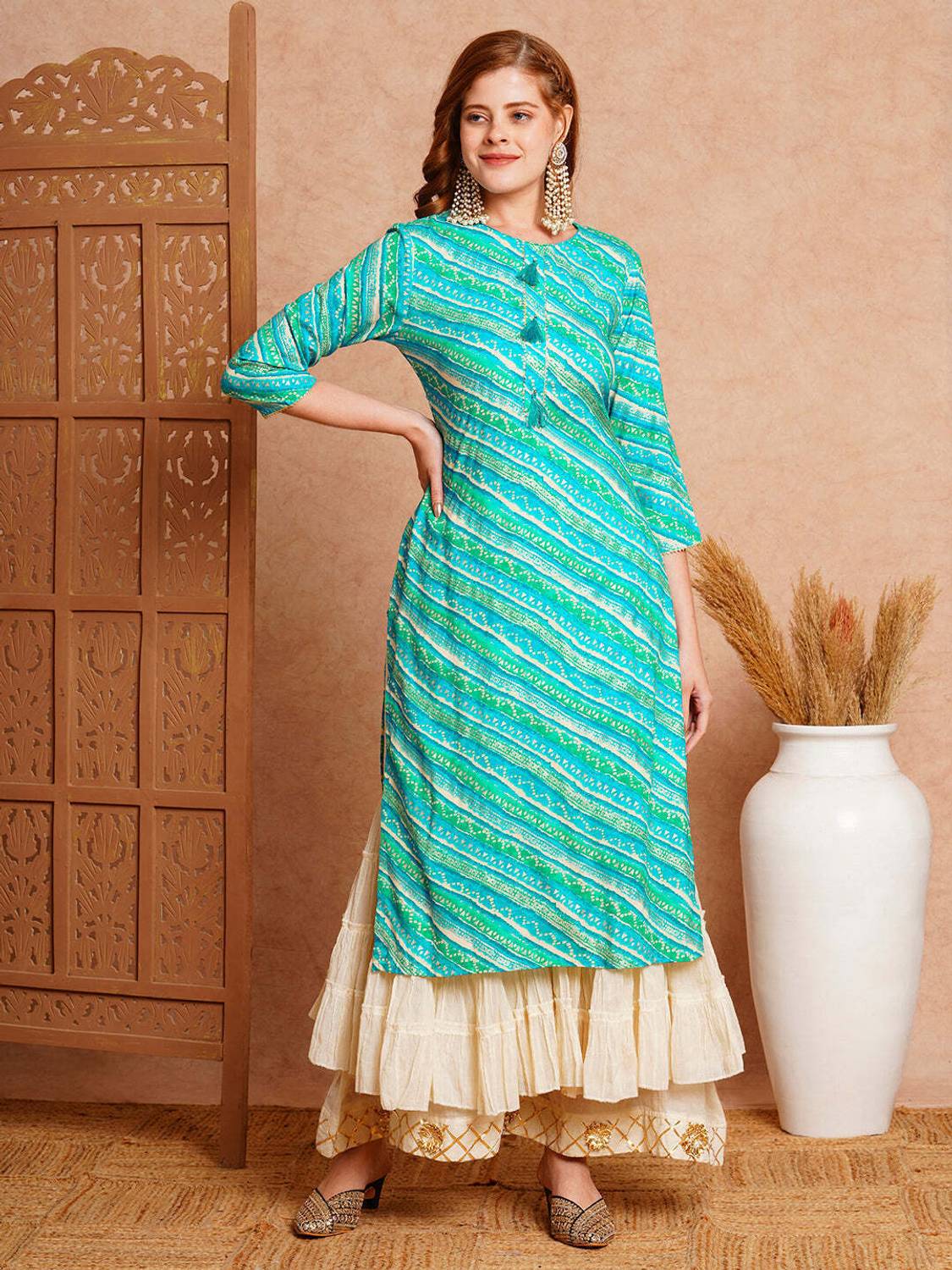 Deepyog Women Leheriya Viscose Rayon A-line Kurta (Green)