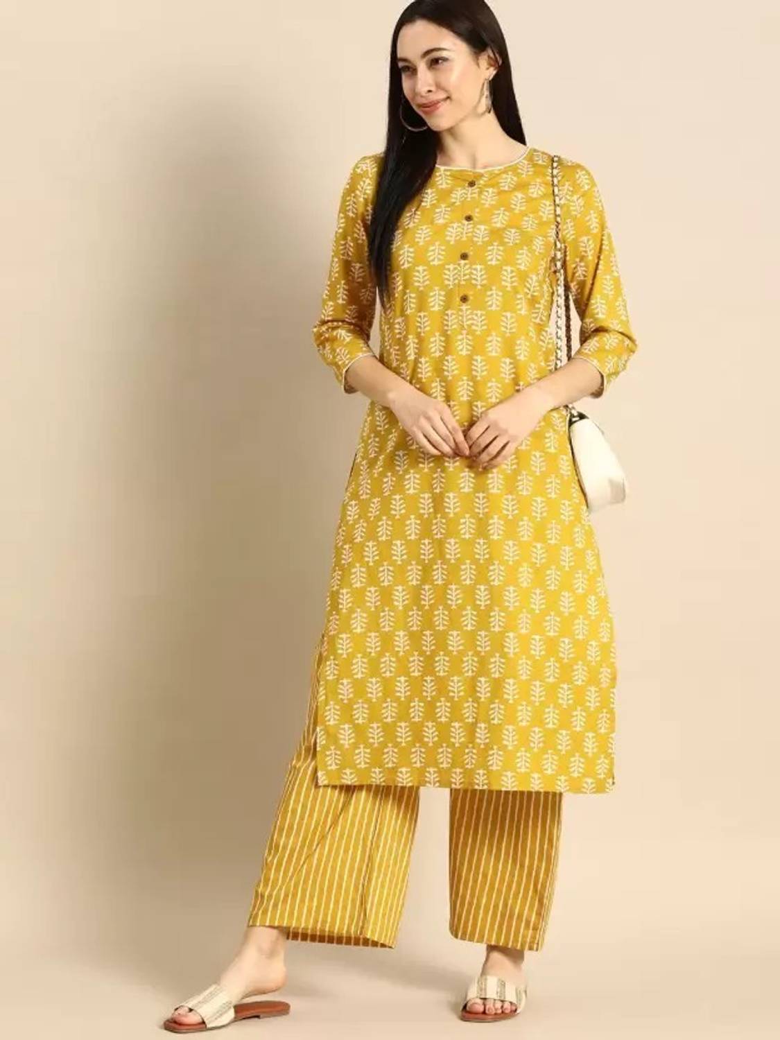 Fyunl Women Printed Cotton Rayon Straight Kurta (Yellow, White)