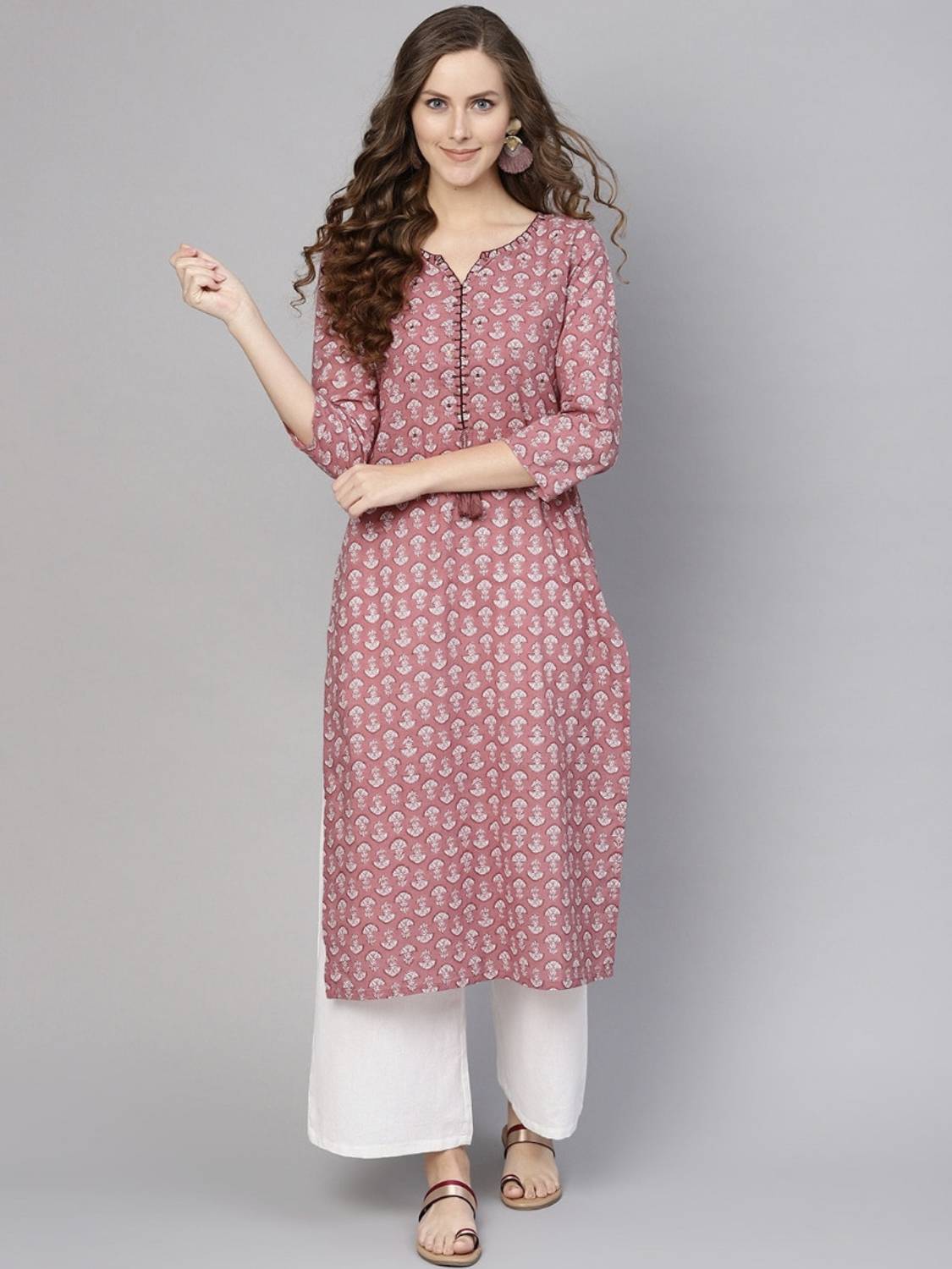shri ramji brothers Women Printed Cotton Rayon A-line Kurta (Pink