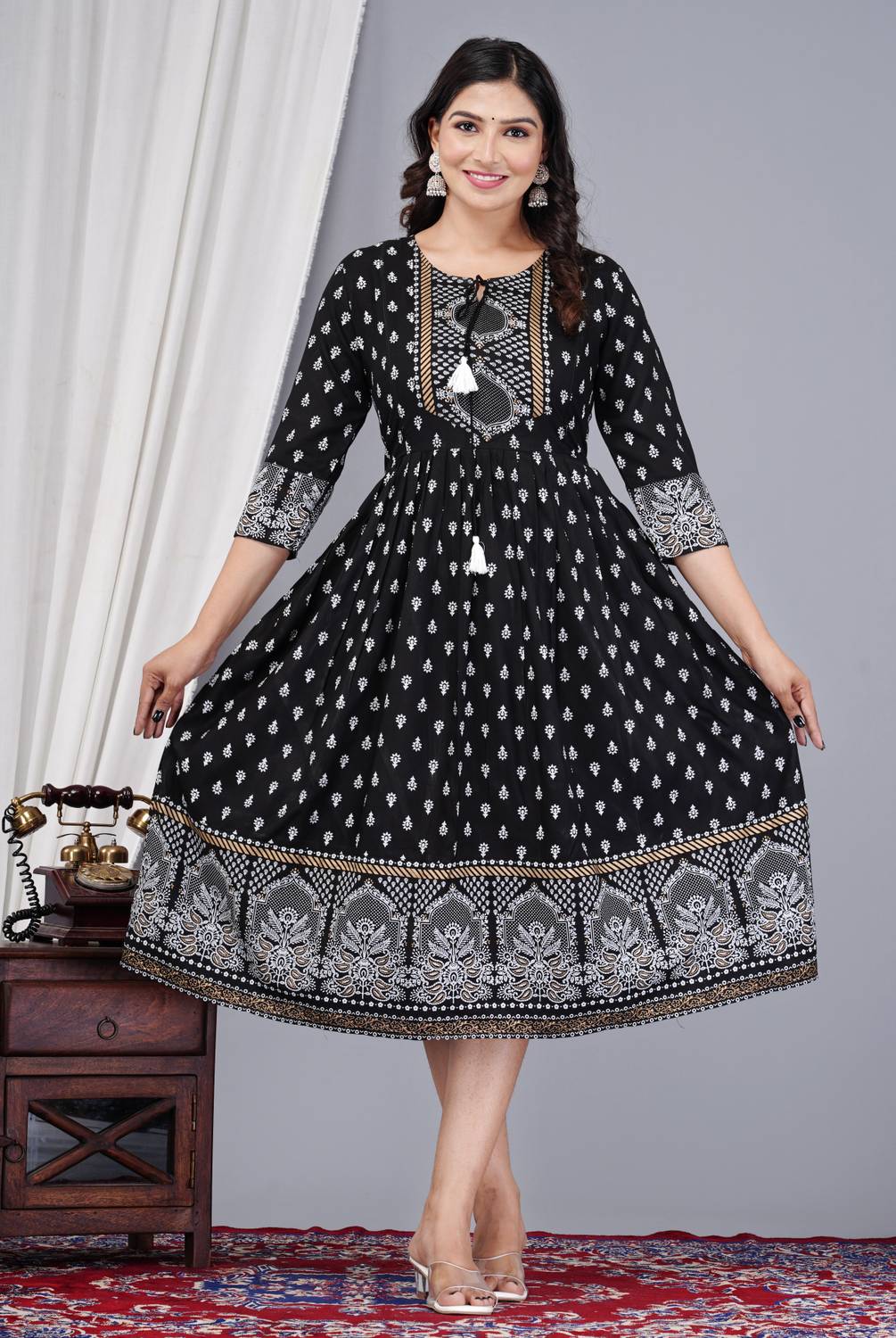 Classy Designer Women Embellished Viscose Rayon A-line Kurta (Bla