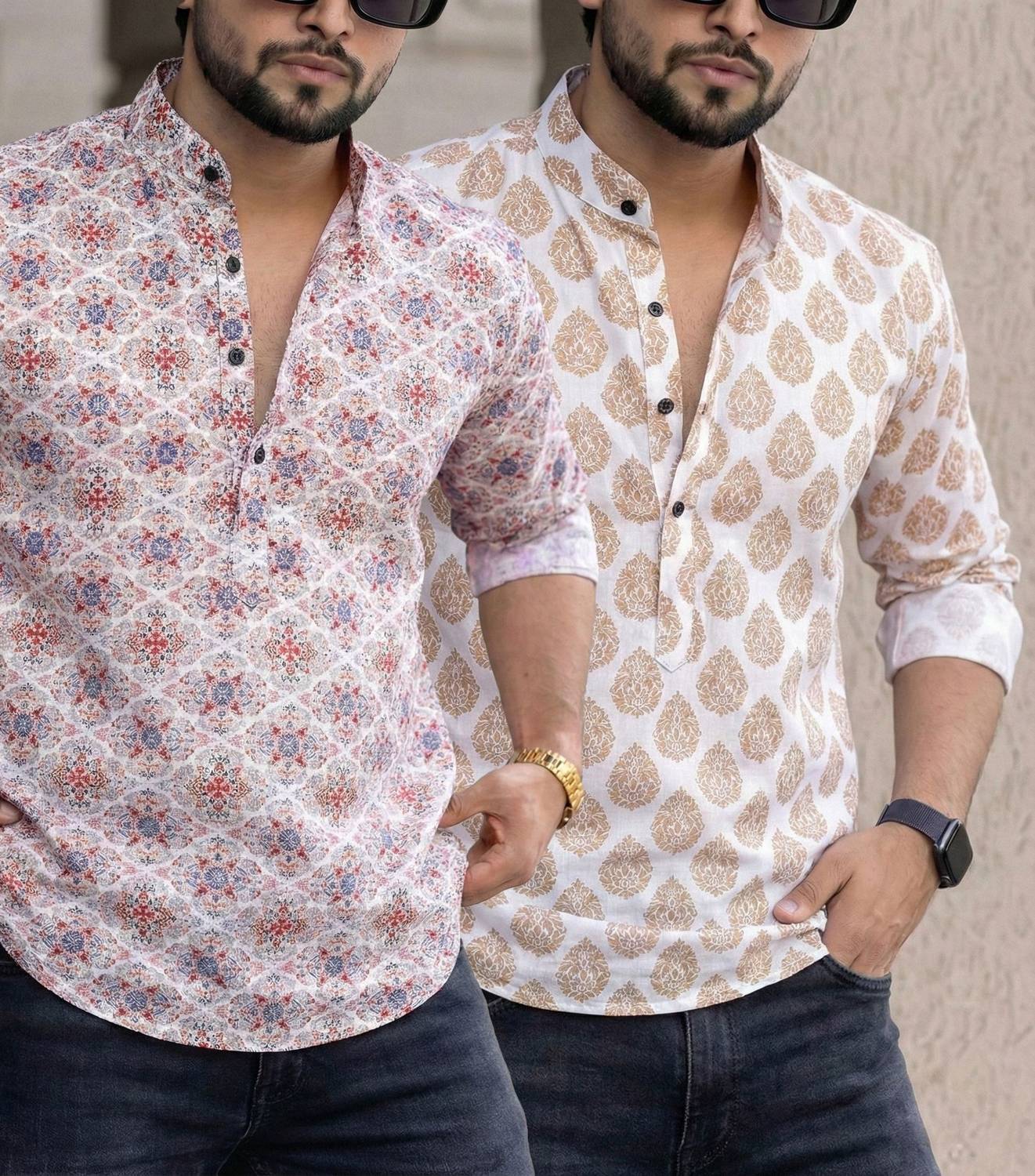 Poltern Men Printed Straight Kurta Pack of 2 - Image 1