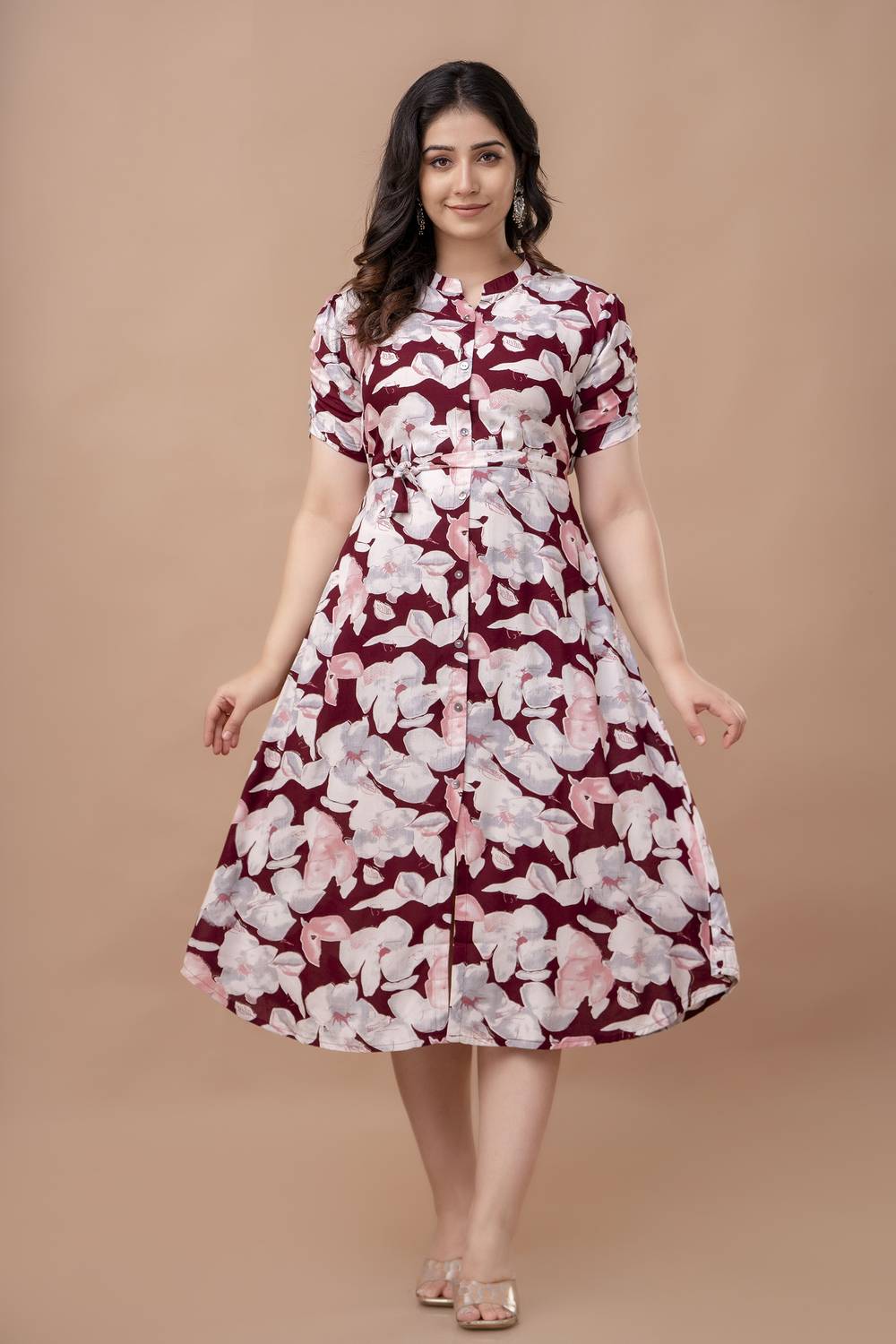 VIPY HANGER Women A-line Maroon Midi/Calf Length Dress
