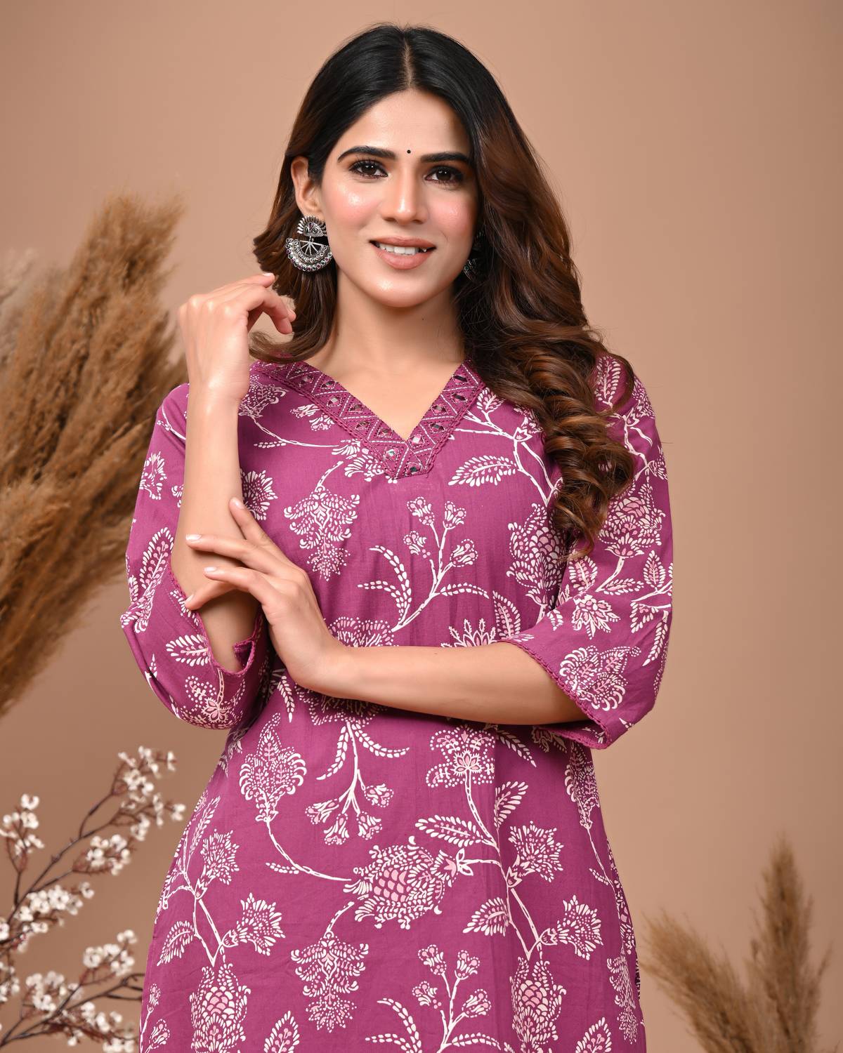 Rimeline Women Printed Pure Cotton Straight Kurta (Purple)