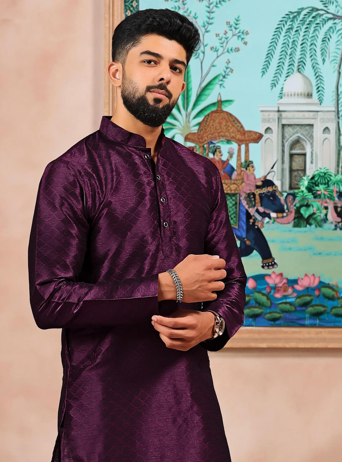 Image of Koshin Men Self Design Straight Kurta