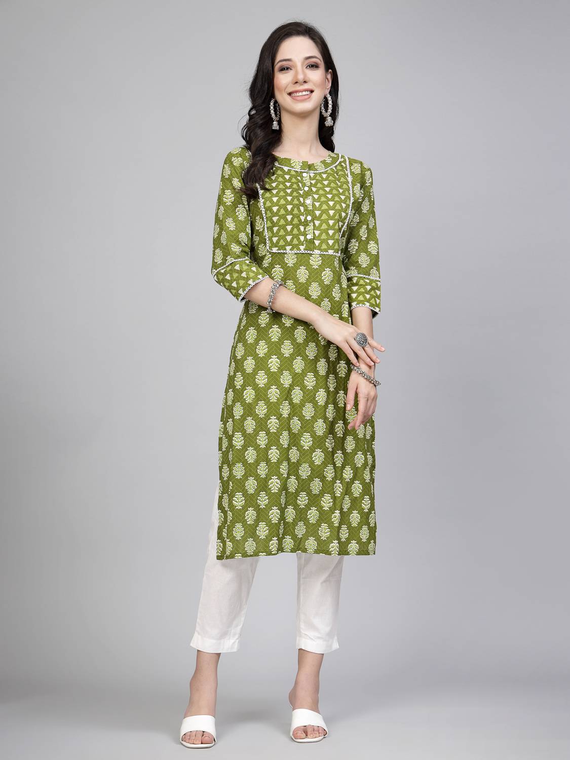 LARGISH Women Printed Pure Cotton Straight Kurta (Green, Dark Gre