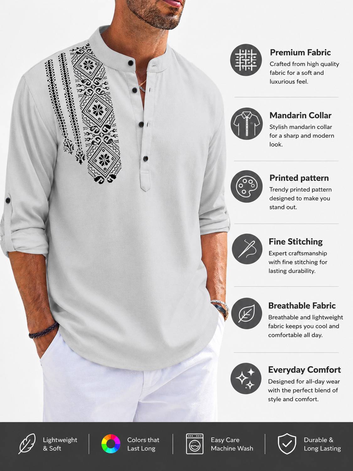 FINFOL Men Embroidered Straight Kurta Gray - Image 1