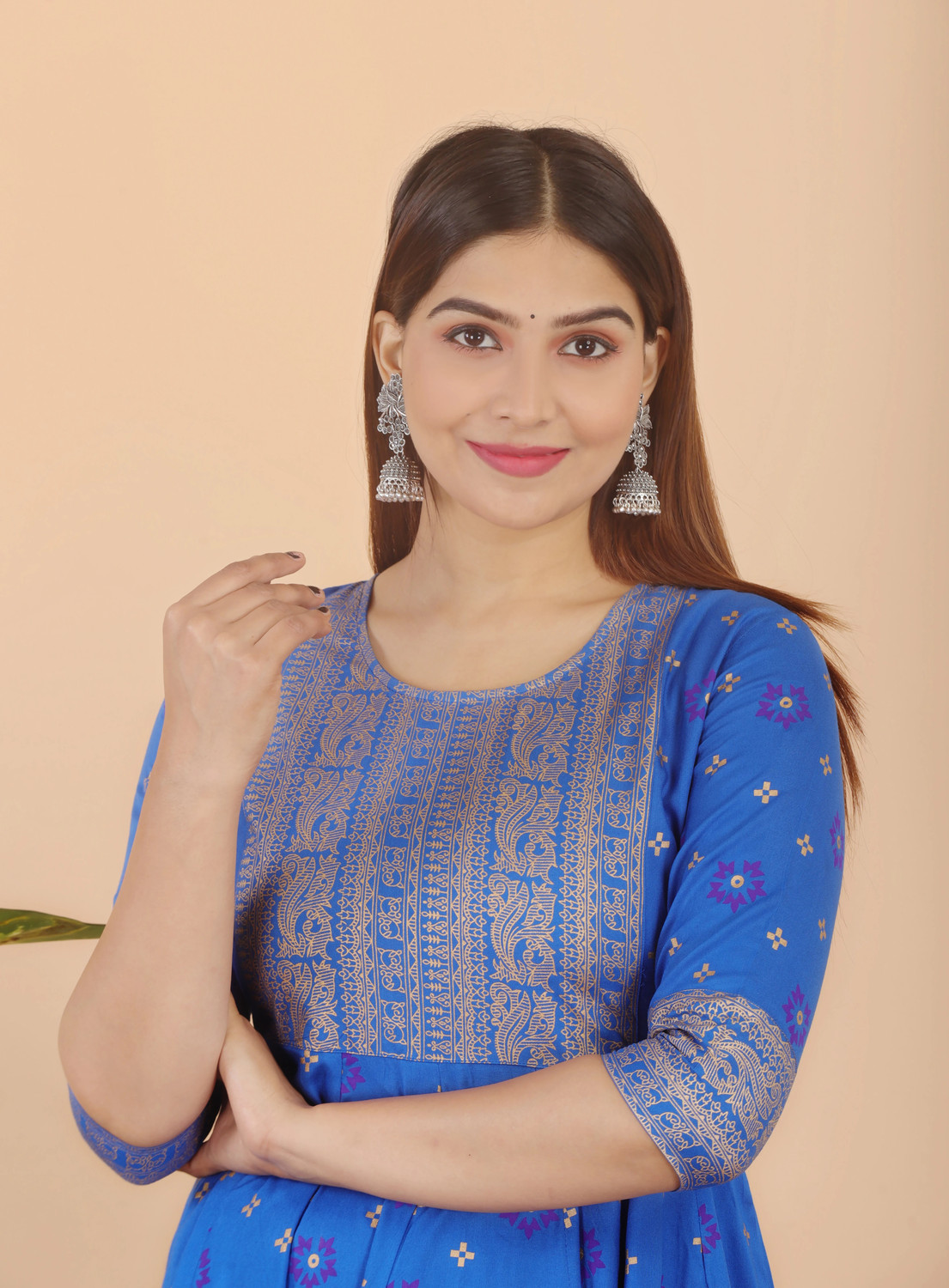 Image of AASHLEY Printed Cotton Rayon Anarkali Kurta for Women (Blue)