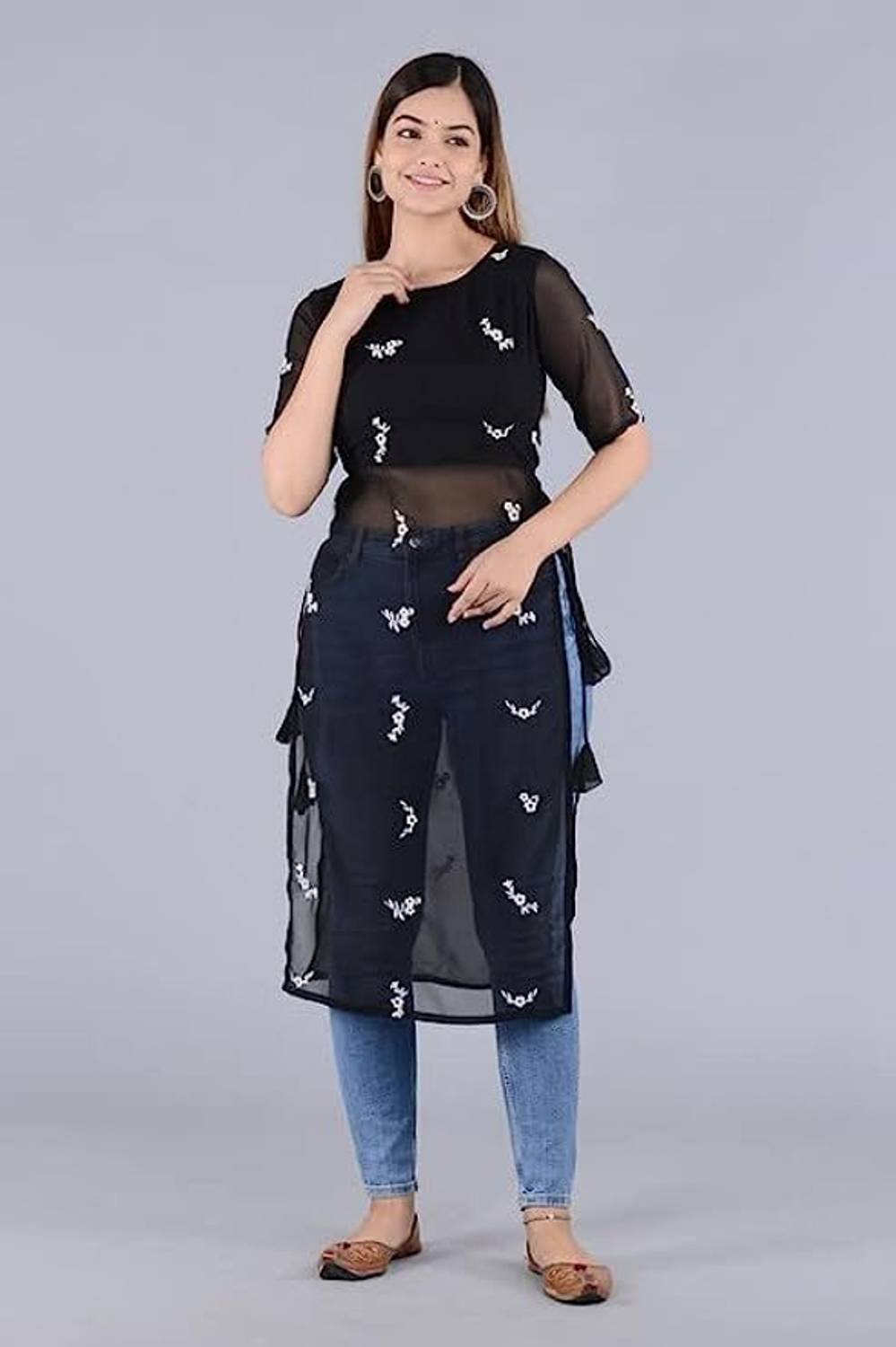 SENEGAL ENTERPRISE Women Embroidered Georgette A-line Kurta (Blac