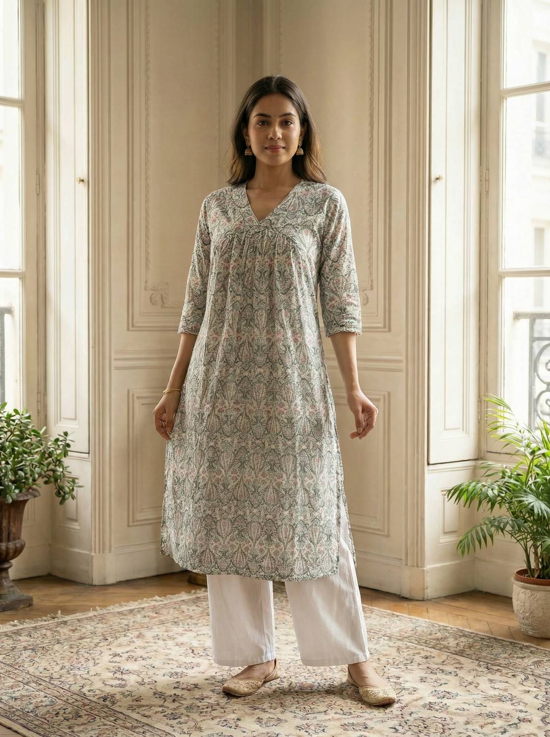 JINVARAM Women Floral Print Viscose Rayon A-line Kurta (Green, Pi