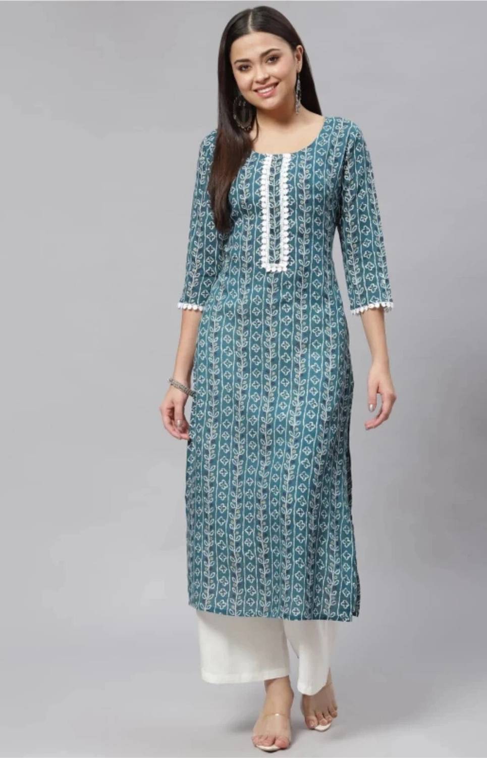 DIGIVASTRA Women Printed Cotton Blend Straight Kurta (Green)