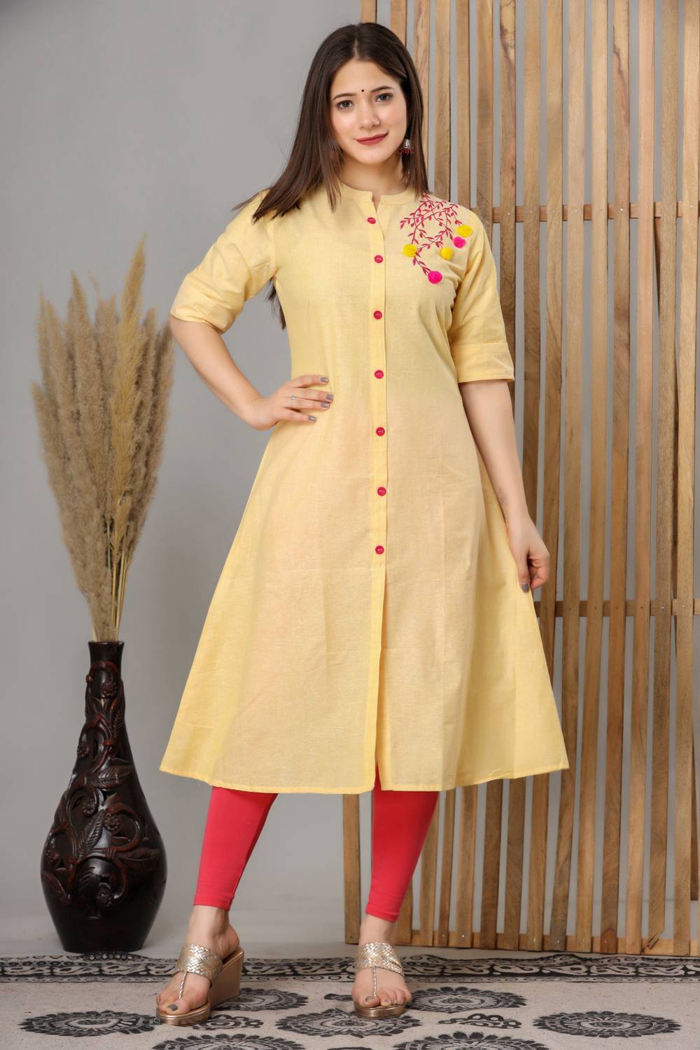 heartloom Women Embroidered Pure Cotton A-line Kurta (Yellow)