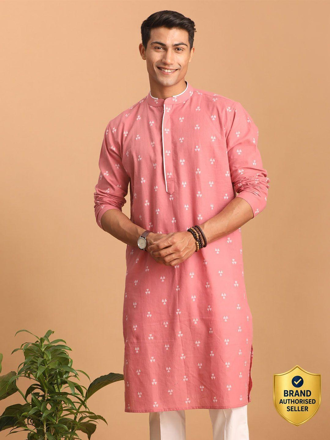 Image of VASTRAMAY Printed Pure Cotton Straight Kurta for Men (Pink)