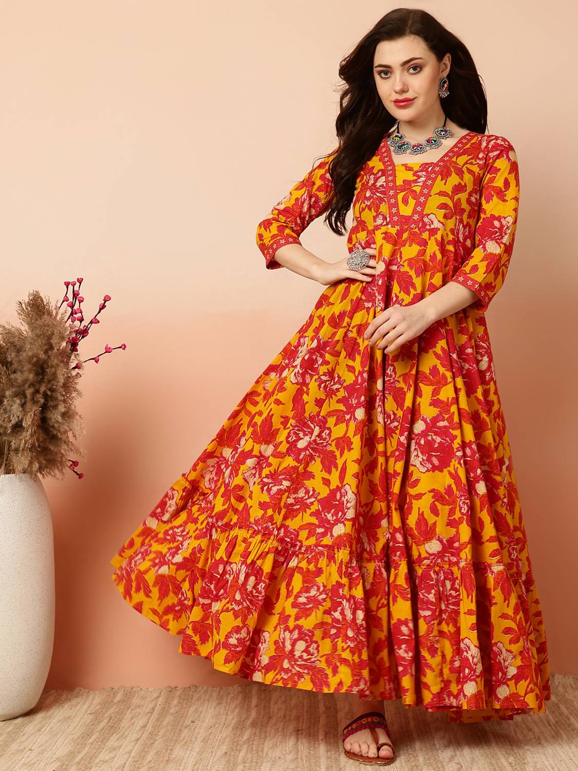 Sa Rasa Women Printed Pure Cotton Anarkali Kurta (Red)