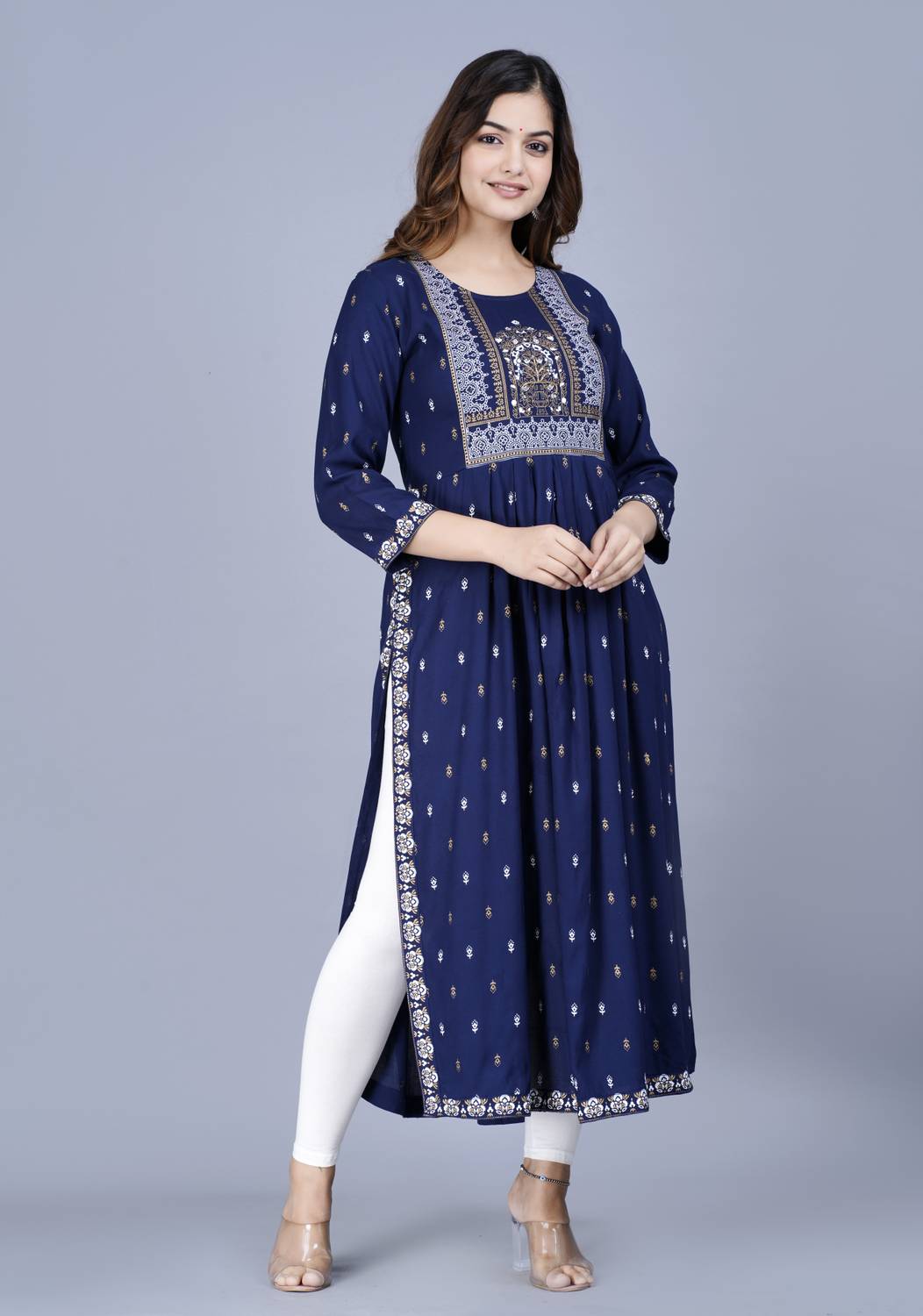 Saabhi Women Printed Viscose Rayon Flared Kurta (Blue)