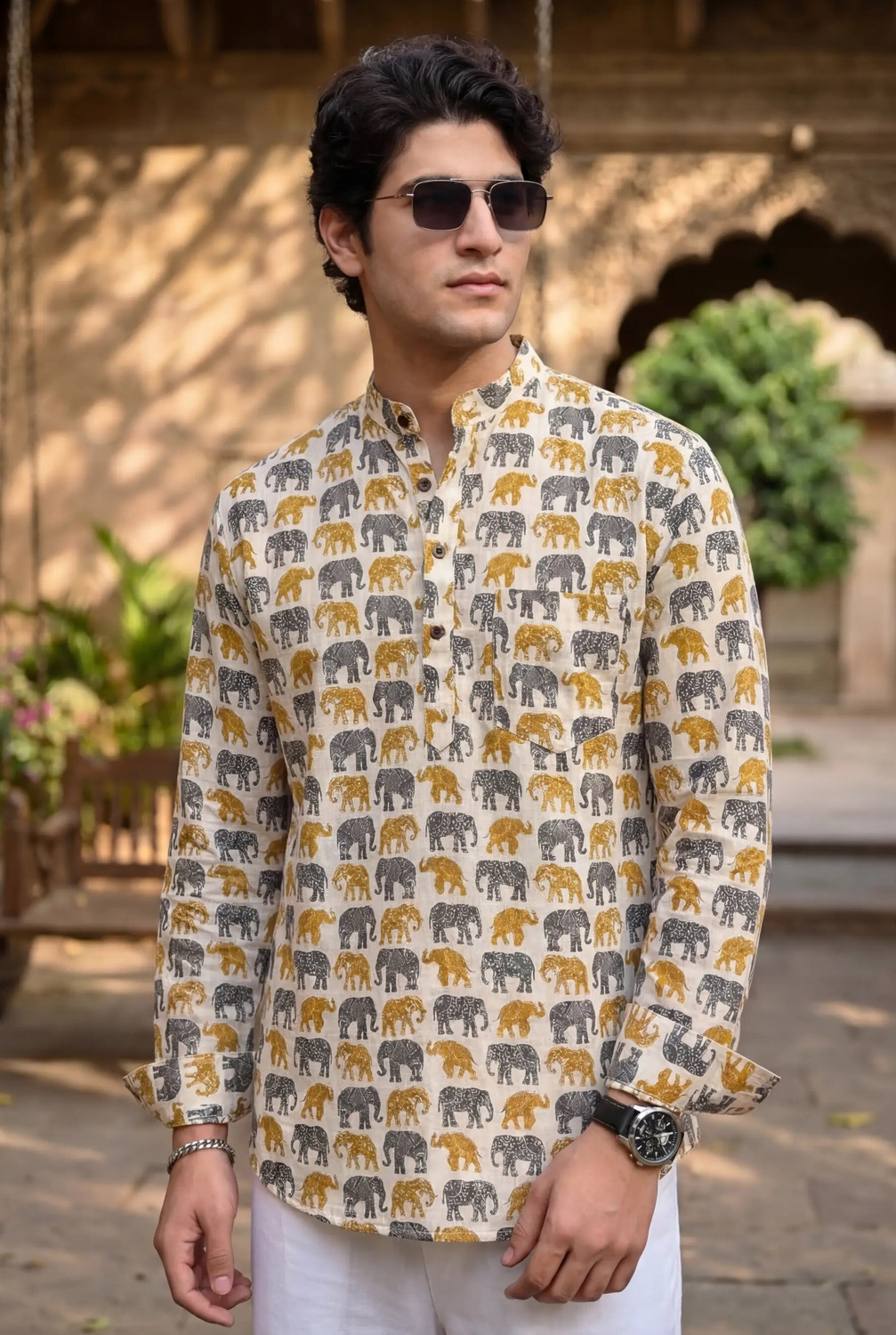 Image of shreeravitex Animal Print Linen Blend Straight Kurta for Men (Multicolor)