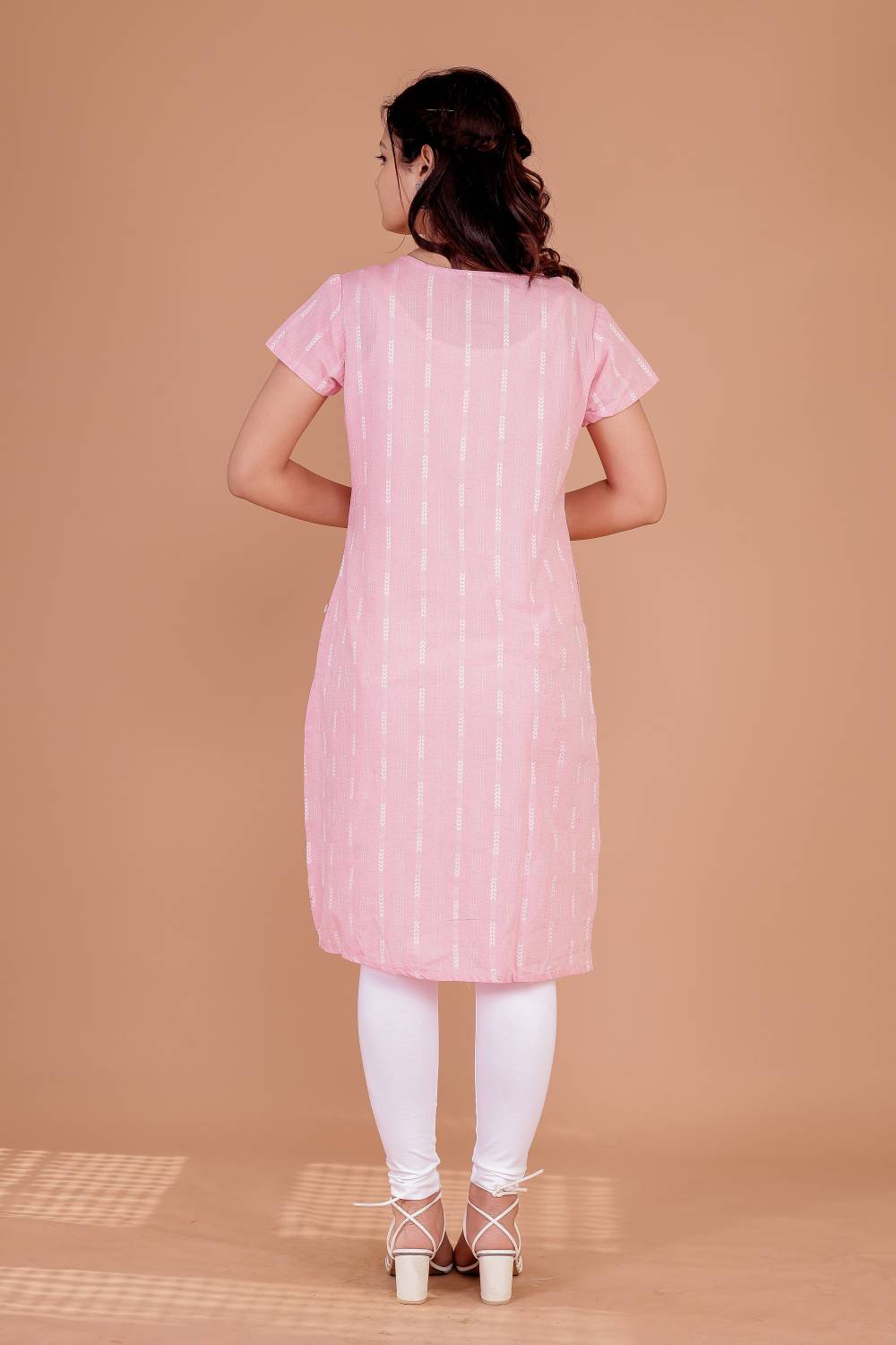 DOTSNLINES Women Striped Cotton Blend A-line Kurta (Pink)