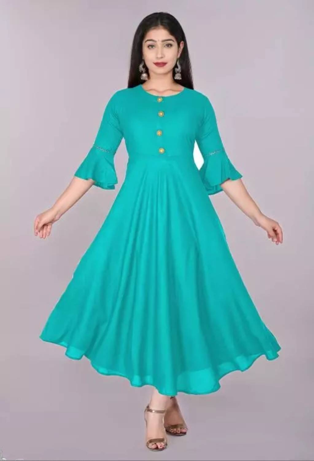 Alastar Women Printed Cotton Rayon Anarkali Kurta (Light Blue)