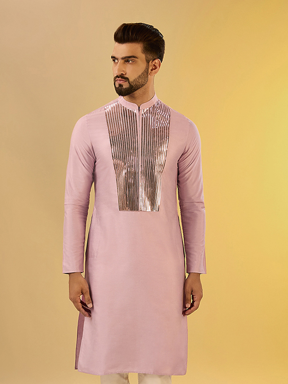 Image of Kisah Embellished Cotton Blend Straight Kurta for Men (Pink)