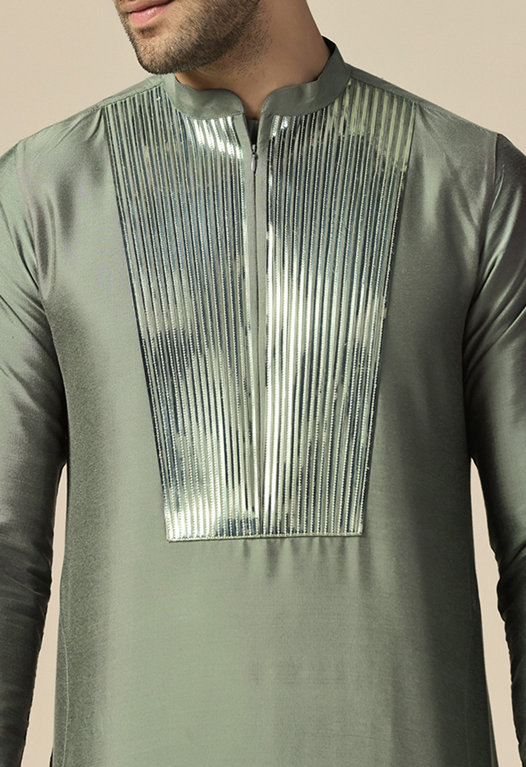 Image of Kisah Embellished Cotton Blend Straight Kurta for Men (Green)