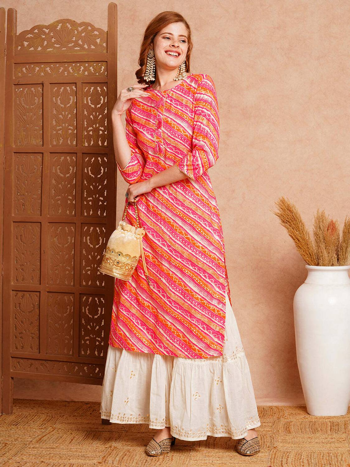 Deepyog Women Leheriya Viscose Rayon A-line Kurta (Pink)
