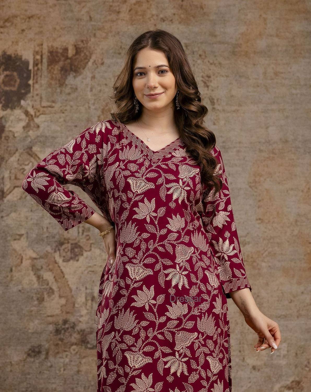 Dressar Women Printed Pure Cotton Straight Kurta (Maroon)