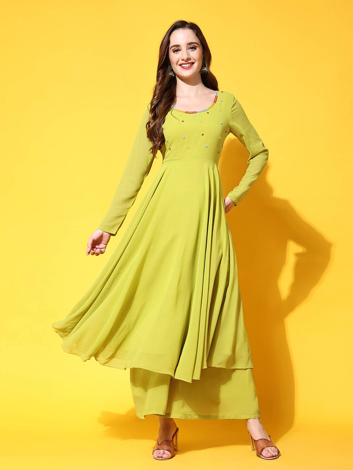 Poshak Hub Women Embroidered Georgette Anarkali Kurta (Light Gree