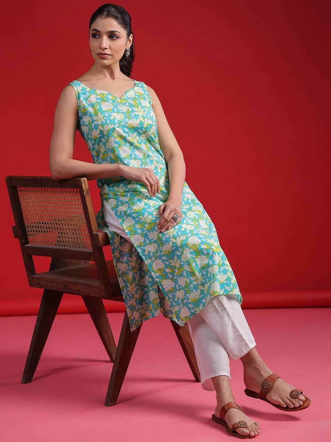 JSIMAR Women Printed Pure Cotton Straight Kurta (Light Green)
