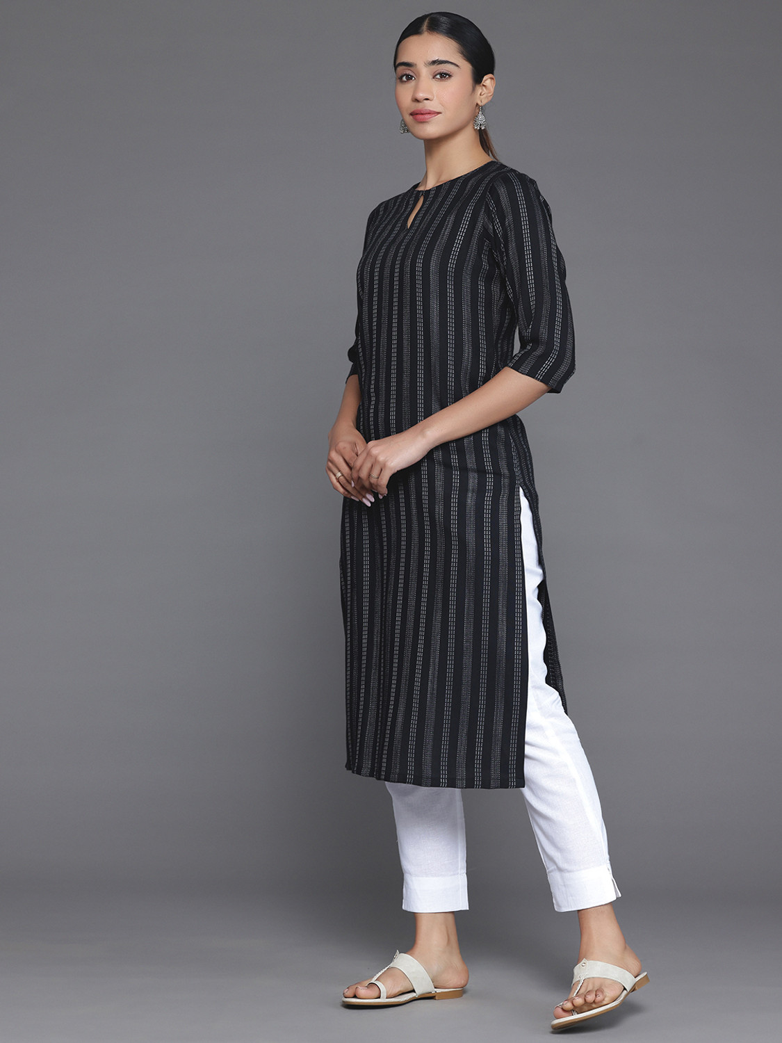 Image of LIBAS Striped Viscose Rayon Straight Kurta for Women (Dark Blue, Grey)