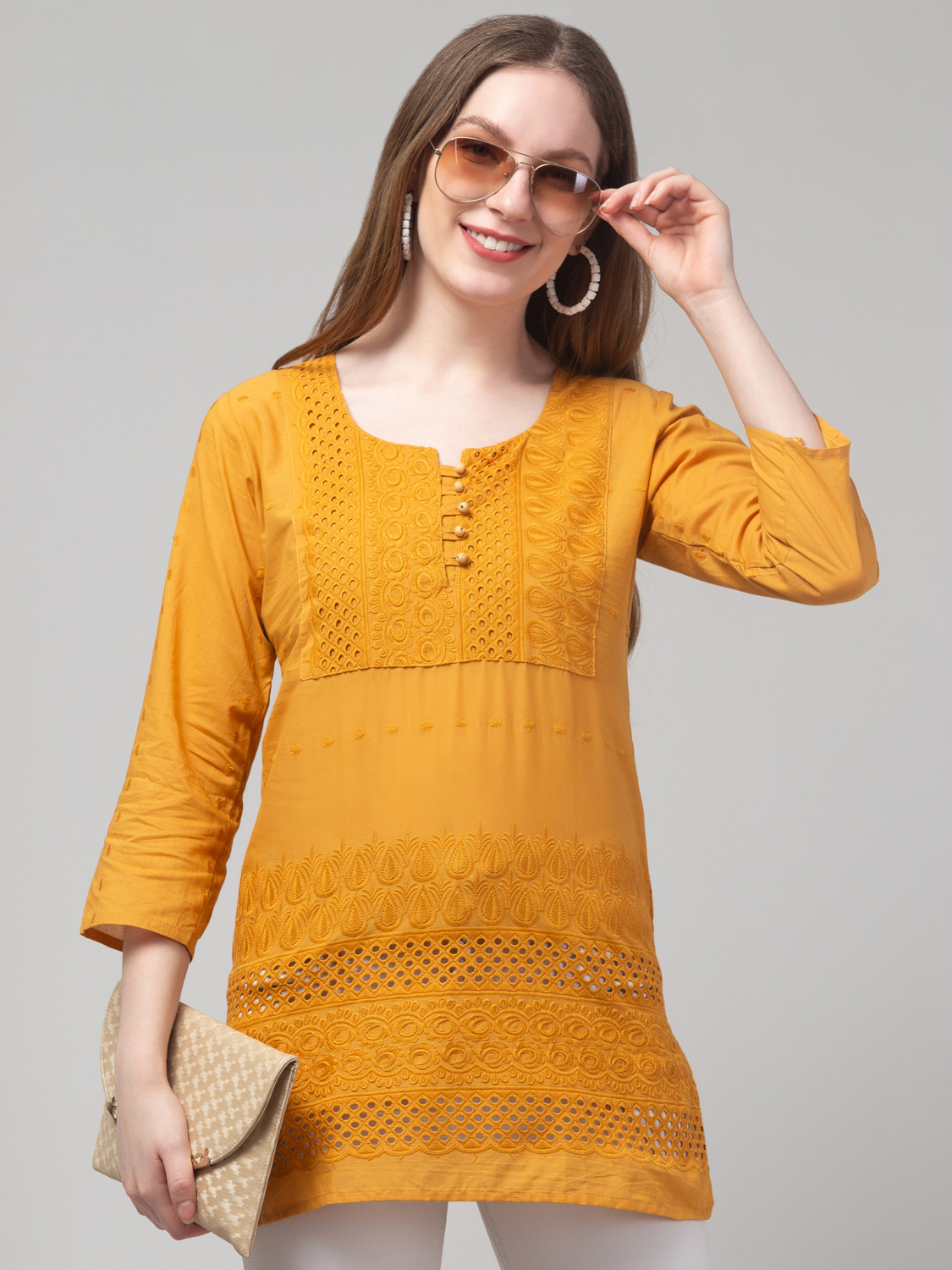 Image of DIAMOND RUBY Chikan Embroidery Pure Cotton A-line Kurta for Women (Yellow)