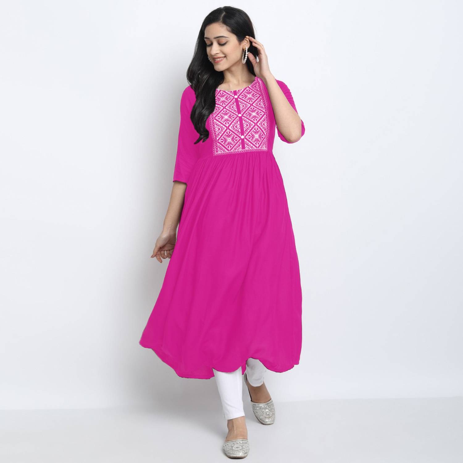FASHION PATTI Women Embroidered Viscose Rayon Flared Kurta (Pink)