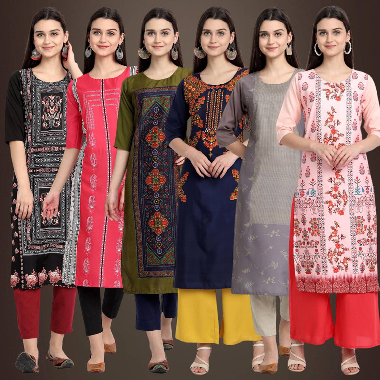 1 Stop Fashion Pack of 6 Women Printed Crepe Straight Kurta (Mult